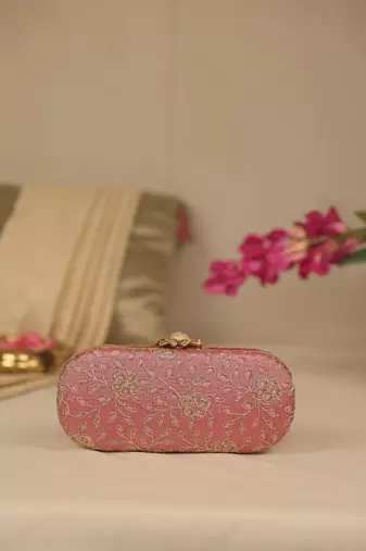Pink floral embroidered clutch