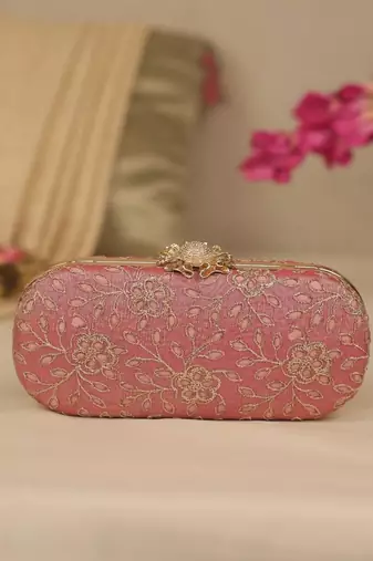 Pink floral embroidered clutch