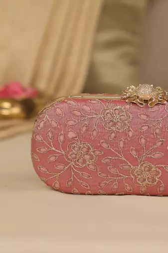 Pink floral embroidered clutch
