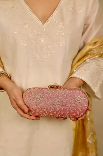 Pink floral embroidered clutch