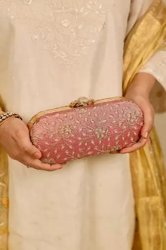 Pink floral embroidered clutch