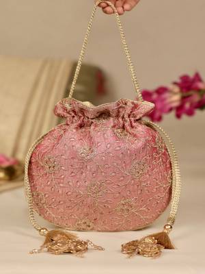 Pink floral embroidered potli bag 1