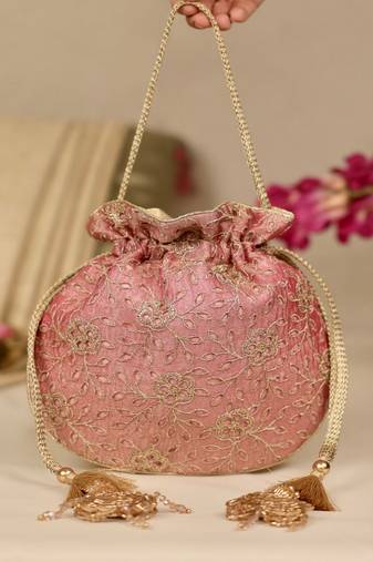 Pink floral embroidered potli bag
