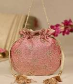 Pink floral embroidered potli bag