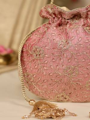 Pink floral embroidered potli bag 2