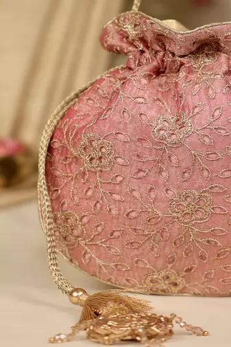Pink floral embroidered potli bag