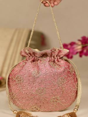 Pink floral embroidered potli bag 3