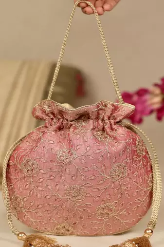 Pink floral embroidered potli bag