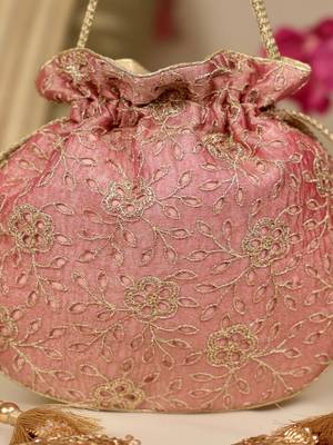Pink floral embroidered potli bag 4