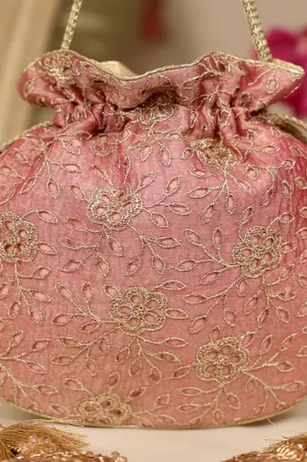 Pink floral embroidered potli bag