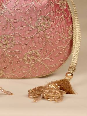 Pink floral embroidered potli bag 5