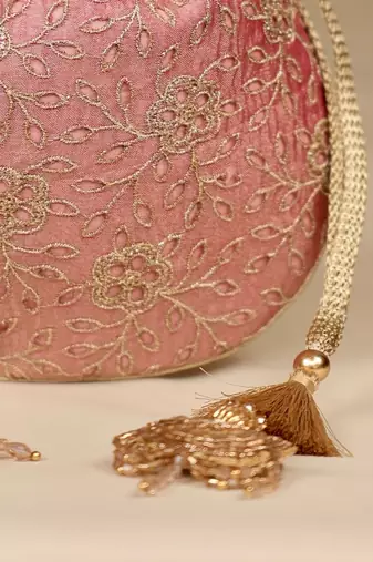 Pink floral embroidered potli bag