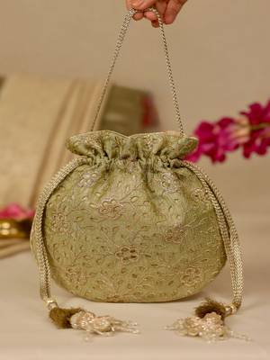 Green floral embroidered potli bag 1