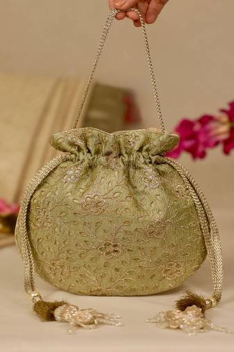 Green floral embroidered potli bag