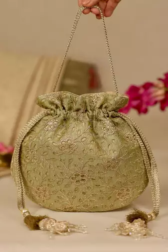 Green floral embroidered potli bag