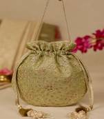 Green floral embroidered potli bag