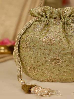 Green floral embroidered potli bag 2