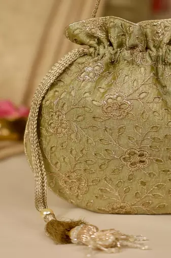 Green floral embroidered potli bag