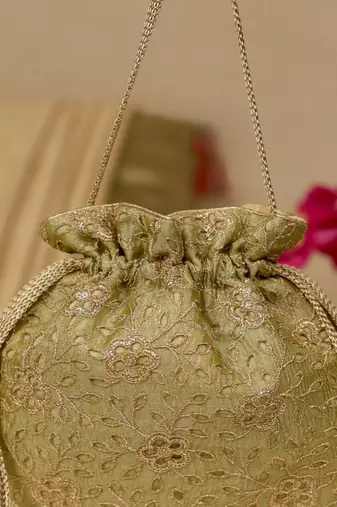 Green floral embroidered potli bag