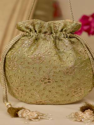 Green floral embroidered potli bag 4
