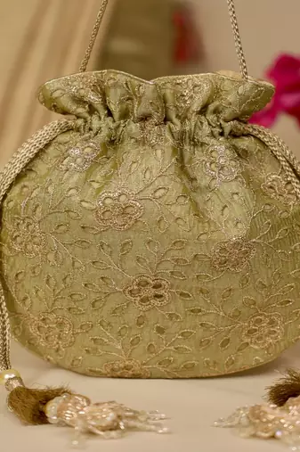 Green floral embroidered potli bag