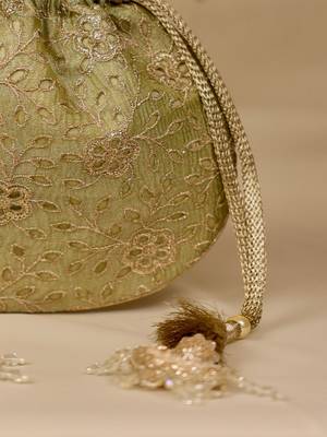 Green floral embroidered potli bag 5