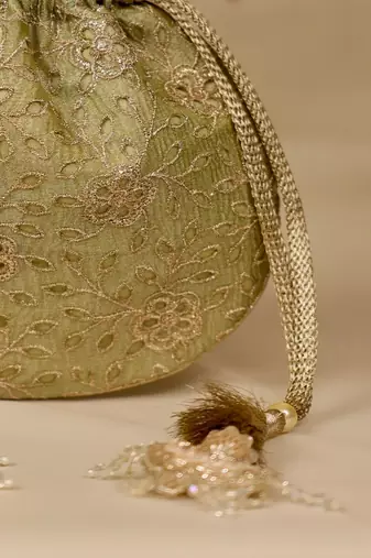 Green floral embroidered potli bag