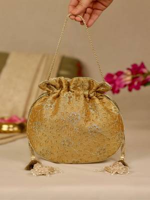 Yellow floral embroidered potli bag 1