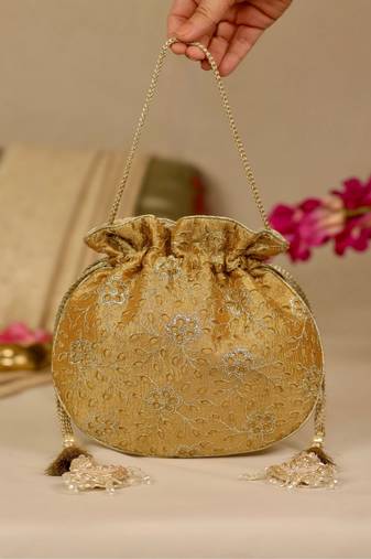 Yellow floral embroidered potli bag