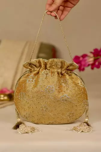 Yellow floral embroidered potli bag