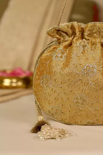 Yellow floral embroidered potli bag
