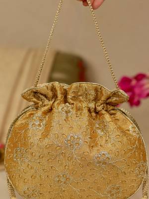 Yellow floral embroidered potli bag 3