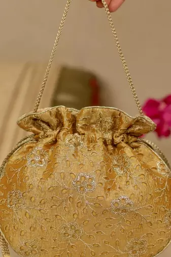 Yellow floral embroidered potli bag