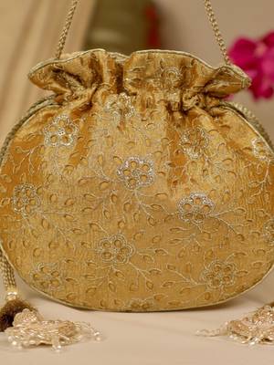 Yellow floral embroidered potli bag 4