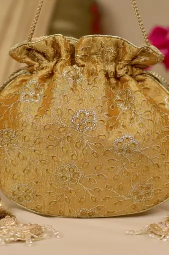 Yellow floral embroidered potli bag