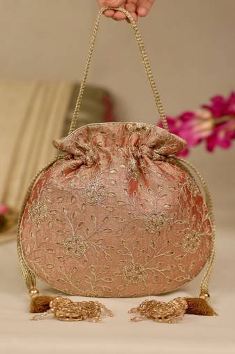 Red floral embroidered potli bag