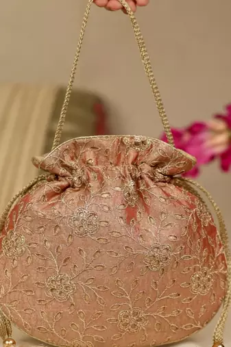 Red floral embroidered potli bag