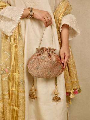 Red floral embroidered potli bag 4