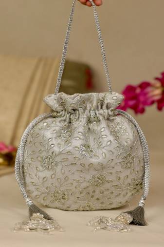 Silver floral embroidered potli bag