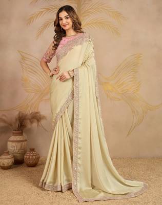 Beige Satin Sequin Embroidery Coding Work Saree with Unstitched Net Blouse  1