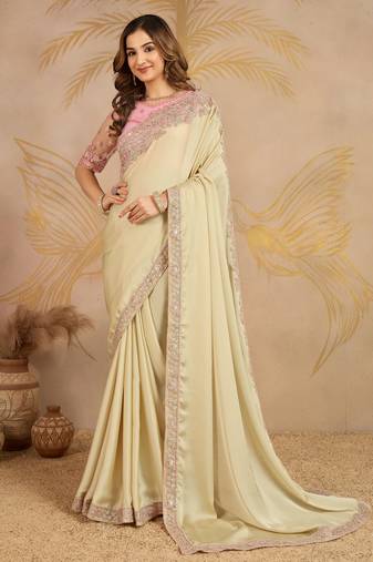Beige Satin Sequin Embroidery Coding Work Saree with Unstitched Net Blouse 