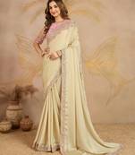 Trendmalls Beige Satin Sequin Embroidery Coding Work Saree with Unstitched Net Blouse 