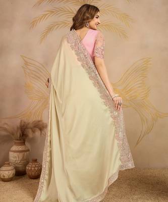 Beige Satin Sequin Embroidery Coding Work Saree with Unstitched Net Blouse  2