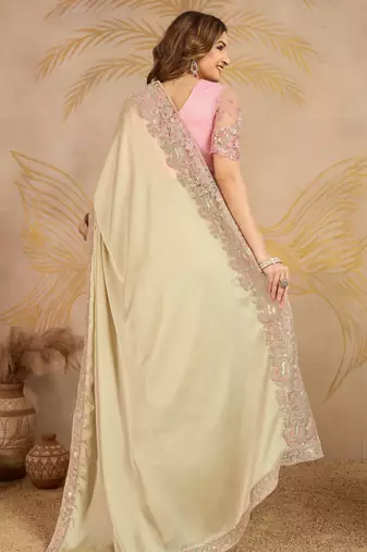 Beige Satin Sequin Embroidery Coding Work Saree with Unstitched Net Blouse 