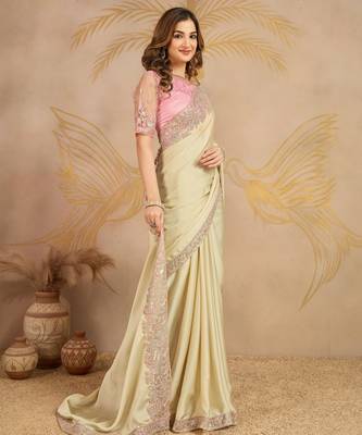 Beige Satin Sequin Embroidery Coding Work Saree with Unstitched Net Blouse  3