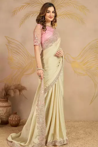 Beige Satin Sequin Embroidery Coding Work Saree with Unstitched Net Blouse 