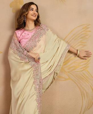 Beige Satin Sequin Embroidery Coding Work Saree with Unstitched Net Blouse  4