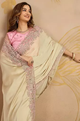 Beige Satin Sequin Embroidery Coding Work Saree with Unstitched Net Blouse 