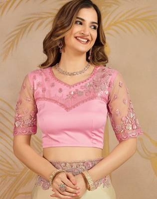 Beige Satin Sequin Embroidery Coding Work Saree with Unstitched Net Blouse  5
