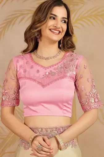 Beige Satin Sequin Embroidery Coding Work Saree with Unstitched Net Blouse 